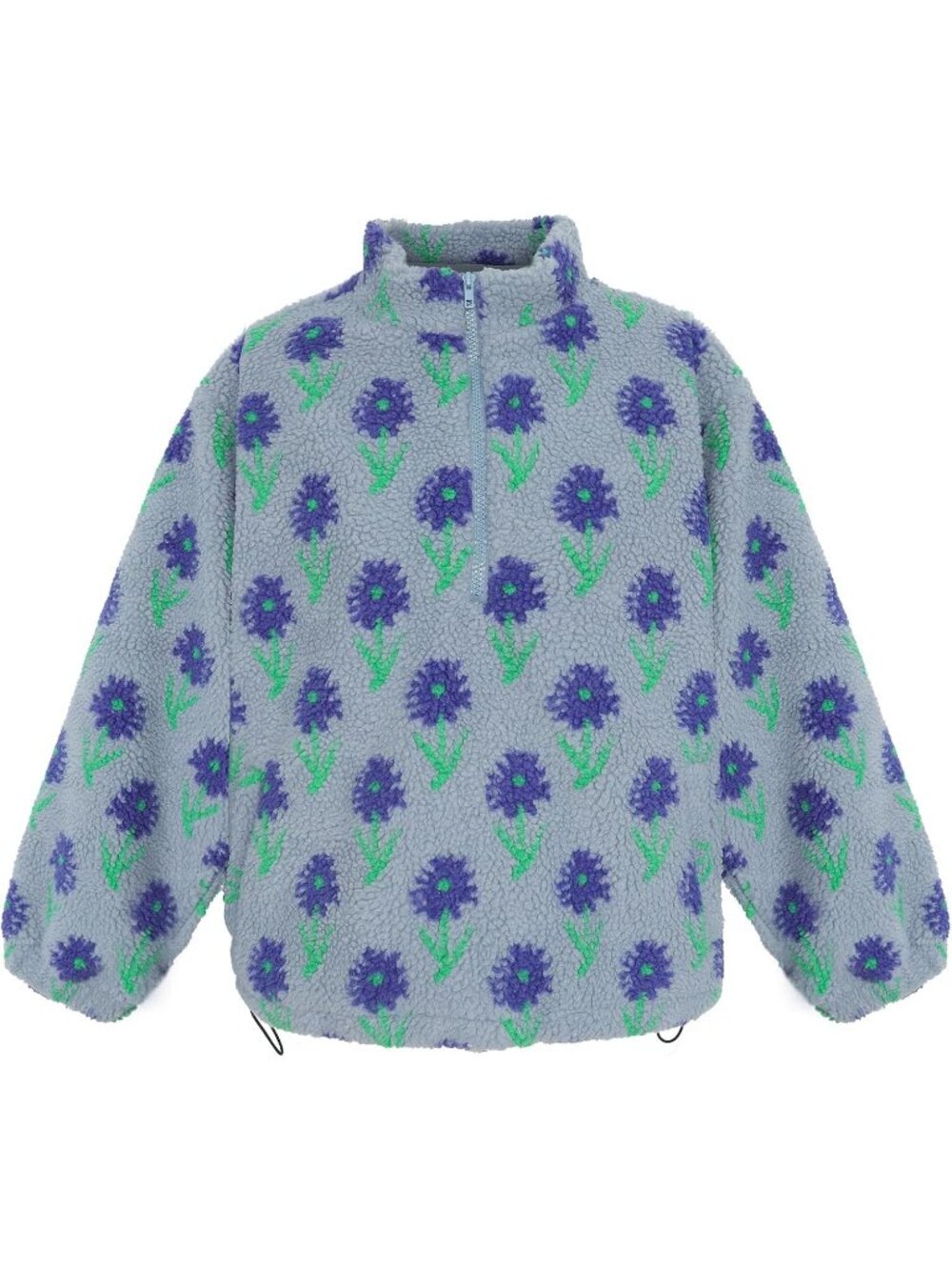 Women's Grey Floral Sherpa Quarter ZIP Pullover Oversized Fleece Sweatshirt